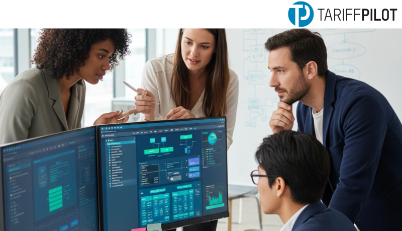 Ein Team diskutiert vor einem Bildschirm